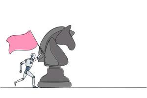 Single one line drawing smart robot future technology running and holding flag beside big horse knight chess. Business achievement goal, metaphor concept. Continuous line design graphic illustration vector