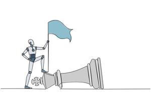 Single continuous line drawing smart robot holding flag, defeat competitor in business as winning chess game. Strategy success using powerful move for advantage. One line design illustration vector