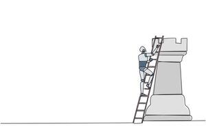 Single continuous line drawing smart robotic climb huge rook chess piece with ladder. Business strategy and marketing plan. Strategic move in business concept. One line design illustration vector