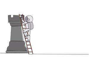 Single one line drawing young astronaut climb huge rook chess piece with ladder. Business strategy and marketing plan. Strategic move in business concept. Continuous line design graphic illustration vector
