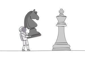Single one line drawing young astronaut holds horse chess to beat king chess. Strategic planning, business development strategy, tactic entrepreneurship. Continuous line design graphic illustration vector