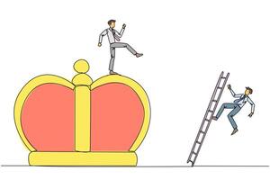 Single one line drawing businessman kicks opponent who is climbing the crown with a ladder. Making rivals fall from business glory. Unhealthy competition. Continuous line design graphic illustration vector