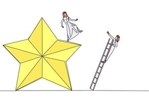 Continuous one line drawing Arab businessman kicks opponent who is climbing the star with a ladder. Dropping opponents from achieving the same dream. Rival. Single line draw design illustration vector