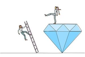Single one line drawing businesswoman kicks rival who climbing the diamond with a ladder. Knocking rival down from achieving a glorious position together. Continuous line design graphic illustration vector