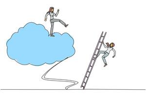 Single continuous line drawing businesswoman kicks opponent who climbing the cloud with ladder. Perfect achievement in business. Bring down competitors in any way. One line design illustration vector