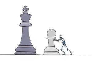 Single continuous line drawing smart robot future technology push huge pawn chess piece. Business strategy and marketing plan. Strategic move in business concept. One line design illustration vector