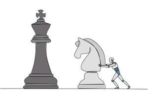 Continuous one line drawing smart robot future tech push huge horse chess piece. Business strategy, marketing plan. Strategic move in business concept. Single line draw design illustration vector