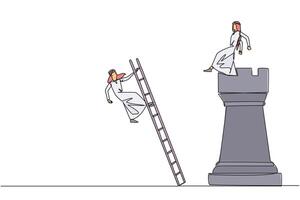 Single one line drawing Arab businessman kicks rival who climbs the chess rook with ladder. Wrong move. Wrong strategy. Plan leaked by colleague. Traitor. Continuous line design graphic illustration vector