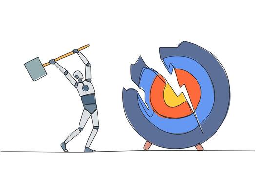 soltero continuo línea dibujo inteligente robótico preparando a golpear el grande objetivo flecha tablero. alboroto. ha fallado a enfocar, ha fallado a obtener el prometido premio. locura. uno línea diseño ilustración vector