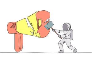 Single one line drawing young astronaut preparing to hit the big megaphone. Destroy of hoax information that damage business stability. Destroy slander. Continuous line design graphic illustration vector