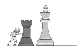 Continuous one line drawing young energetic astronaut push huge rook chess piece. Business strategy and marketing plan. Strategic move in business concept. Single line draw design illustration vector