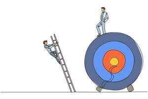 Single continuous line drawing businessman kicks colleague who is climbing the target arrow board with a ladder. The metaphor of getting rid of business destroyers. One line design illustration vector