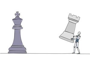 Continuous one line drawing smart robot holds rook chess to beat king chess. Strategic planning, business development strategy, tactics in entrepreneurship. Single line draw design illustration vector