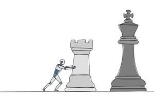 Single one line drawing smart robot future technology push huge rook chess piece. Business strategy and marketing plan. Strategic move in business concept. Continuous line design graphic illustration vector