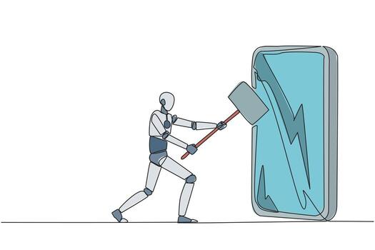 Single continuous line drawing smart robotic preparing to hit big smartphone with hammer. Technology can destructive if not use properly. Intelligence is required. One line design illustration vector