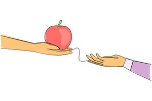 Single one line drawing hand giving apple. Fruit has three colors red, yellow and green. Has different taste. Contains vitamins C, A also contains calcium. Continuous line design graphic illustration vector