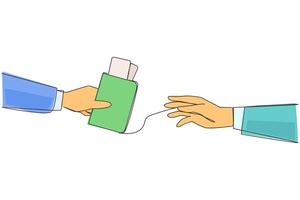Continuous one line drawing hand giving passport. Completeness for official travel abroad has been provided. It's time to expand the business reach. Target. Single line draw design illustration vector