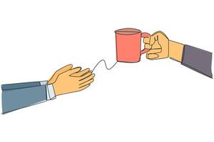 Continuous one line drawing hand giving mug glass. Contains cup of warm coffee or tea. Create comfortable atmosphere of togetherness. Relaxed for a moment. Single line draw design illustration vector