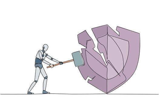 soltero uno línea dibujo inteligente robot preparando a golpear grande blindaje. alboroto. sistema es socavado por negocio competidores. injusto competencia. virus ataque. continuo línea diseño gráfico ilustración vector
