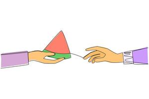 Single one line drawing hand giving watermelon. Fruit contains many kinds of vitamins. Fruit that contains an antioxidant and improves body health. Fresh. Continuous line design graphic illustration vector