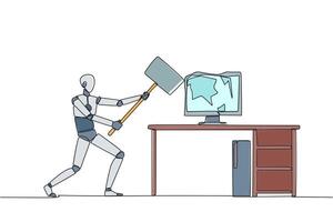 Single continuous line drawing smart robotic preparing to hit computer monitor on the work desk. Stocks that don't rise. Didn't get any profit. Anger escalated. One line design illustration vector