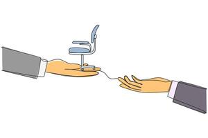 Continuous one line drawing hand provides work chair. Handover of position. Share the same responsibilities in business. Teamwork to make a lot of profit. Single line draw design illustration vector