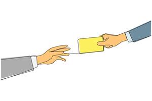 Single continuous line drawing hand giving debit card. Payment transactions carried out non-cash. Use cards to make things easier. Technology that makes it easy. One line design illustration vector