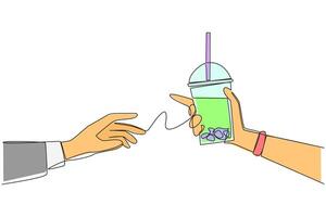 Single one line drawing hand giving boba drink. Refreshing drink that is high in sugar content. Drinks containing carbohydrates. Refreshing drink in summer. Continuous line design graphic illustration vector
