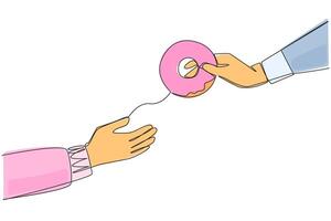 Single one line drawing hand giving donut. Provides soft donut snacks. Want to enjoy light and sweet food together. Share moments of togetherness. Enjoy. Continuous line design graphic illustration vector