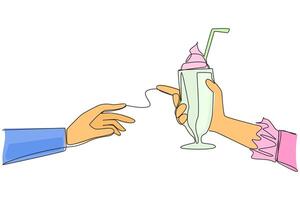 Single one line drawing hand giving milkshake. Cold drink made from mixture of milk, syrup, ice cream. Drinks served using straws. Has many flavor variants. Continuous line design graphic illustration vector