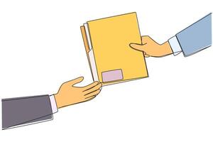 Continuous one line drawing hand gives document folder. Concept of sharing work data. Provide work that must be completed right away. Tidying up documents. Single line draw design illustration vector