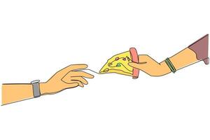 Single continuous line drawing hand giving slice of pizza. Foods that ruin diet pattern. Usually these foods have high levels of fat, salt and calories. Junk food. One line design illustration vector