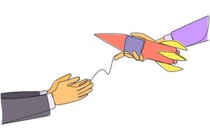 Single continuous line drawing a businessman's hand gives rocket to colleague. Put full trust in managing overseas business branches. Trust will produce results. One line design illustration vector