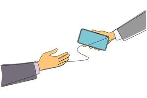 Continuous one line drawing a businesswoman's hand gives a handphone to colleague. Exchange telephone numbers. Establish relationships with new relations. Single line draw design illustration vector