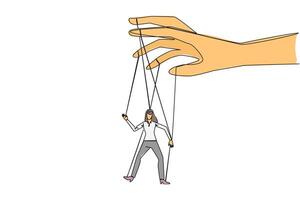Single continuous line drawing businesswoman walks by being moved by ropes controlled by a giant hand above. Manipulative actions to gain a lot of profit. Greedy. One line design illustration vector