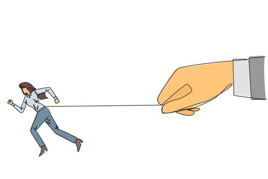 Continuous one line drawing businesswoman run but stomach is tied. Running business that is stuck with lot of debt. Business is difficult to make a profit. Single line draw design illustration vector