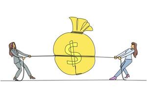 Single continuous line drawing two businesswomen fighting over a money bag. Competition for the bigest money. Compete to reap as many profits as possible. Greedy. One line design illustration vector
