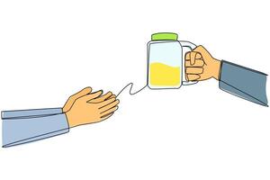Single continuous line drawing hand giving lemonade drink. A fresh drink that helps prevent someone from anemia. This drink can also increase endurance. Refreshing. One line design illustration vector