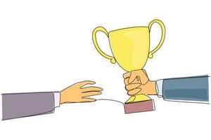 Single one line drawing hand gives a trophy to colleague. Success in developing a jointly produced business. Great partners who make business even greater. Continuous line design graphic illustration vector