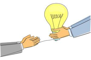 Continuous one line drawing hand giving lightbulb to colleague. Providing best advice for the good and progress of business. Great partner. Brainstorming. Single line draw design illustration vector