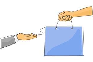 Continuous one line drawing of hand giving paper bag. Eco-friendly shopping bag. Reduce the use of plastic materials. Bag for practical storage. Save earth. Single line draw design illustration vector