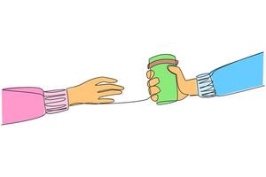Continuous one line drawing a hand gives a paper cup. Buying a cup of warm coffee will increase the concentration. Drinking warm tea can relax the body. Single line draw design illustration vector