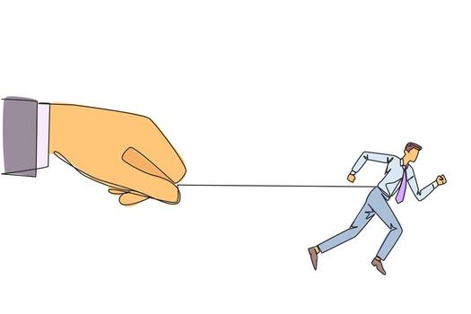 Single continuous line drawing businessman runs but stomach is tied. Held and controlled by a big hand behind. Business cannot grow. Being in difficult position. One line design illustration vector