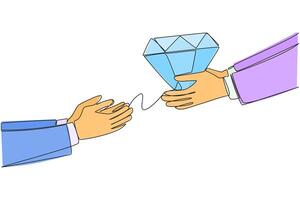 Continuous one line drawing a hand gives diamonds to its partner. A very valuable object and difficult to obtain. Make sacrifices for business progress. Single line draw design illustration vector