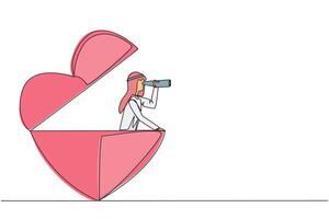 Continuous one line drawing Arabian businessman appears out of a heart shape looking for something through binoculars. Work life balance. Nobody get hurt. Single line draw design illustration vector