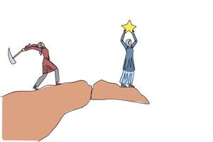 Single one line drawing Arabian businesswoman standing on edge of cliff holding up a star. Hypocrite partner want to destroy the achievement. The traitor. Continuous line design graphic illustration vector
