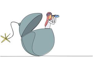 Continuous one line drawing Arab businessman emerges from bomb with a burning fuse look for something with binoculars. Big risks are coming. Early warning. Single line draw design illustration vector