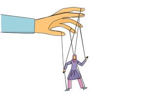 Single one line drawing Arab businesswoman walks by being moved by ropes controlled by giant hands above. Very weak authority. No business policy. Puppet. Continuous line design graphic illustration vector