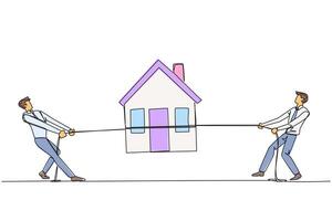 Continuous one line drawing two businessmen fight over a miniature house. Compete to get a decent official residence. House close to business location. Single line draw design illustration vector