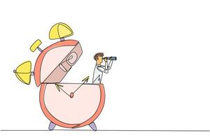 Single one line drawing businessman appears out of the alarm clock looking for something with binoculars. Time is ticking. Achieve business before deadline. Continuous line design graphic illustration vector